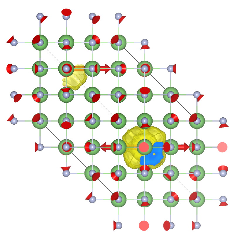 Electron charge density isosurface of the exciton polaron in LiF. The red arrows indicate the atomic displacements accompanying the charge densities.