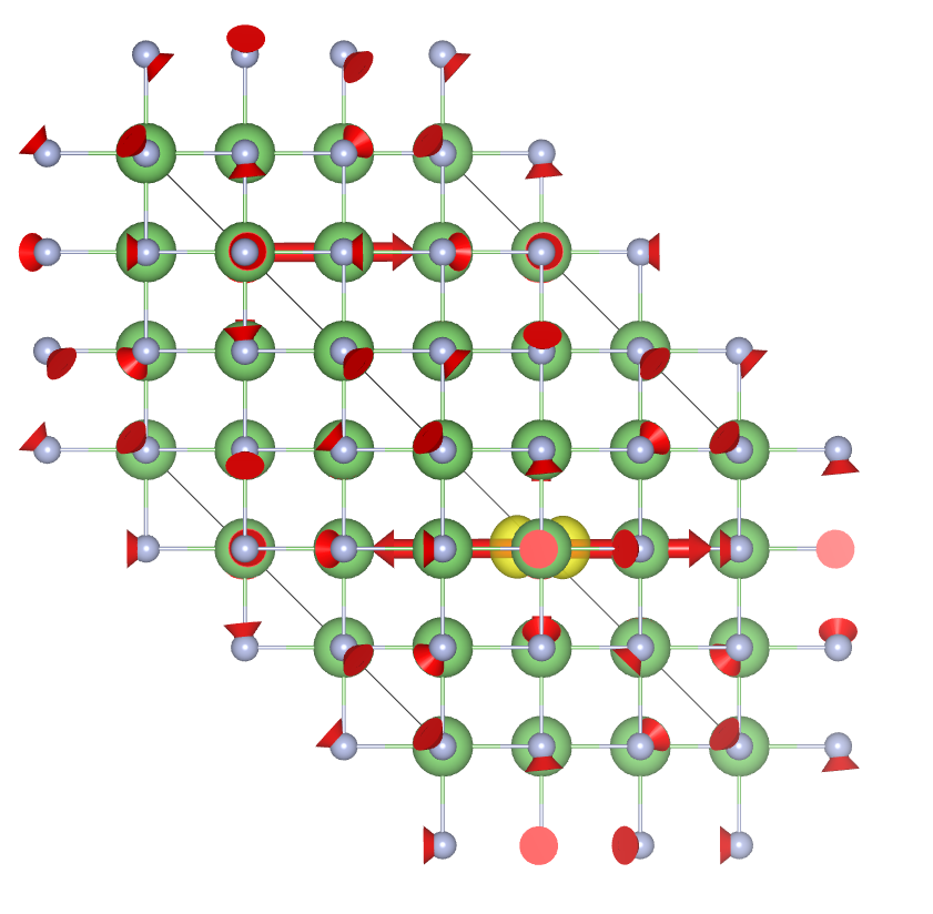 Hole charge density isosurface of the exciton polaron in LiF. The red arrows indicate the atomic displacements accompanying the charge densities.